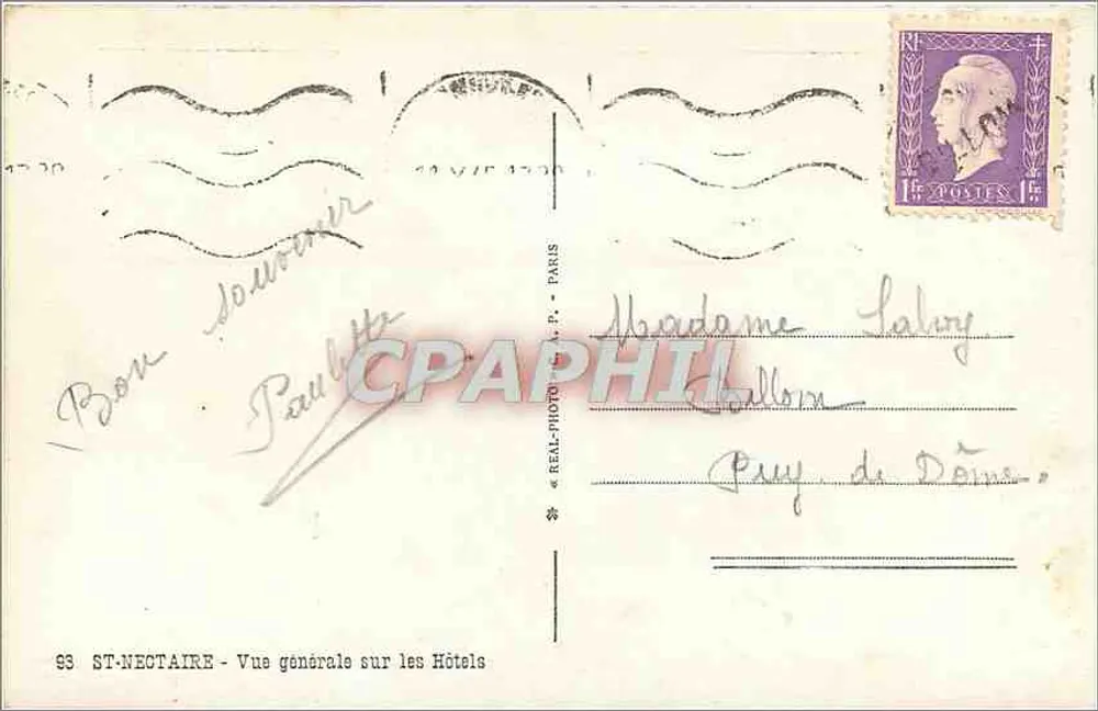 Saint-Nectaire — Vista geral sobre os Hotéis — editor REAL-PHOTO A. P. PARIS, n° 33 - Verso