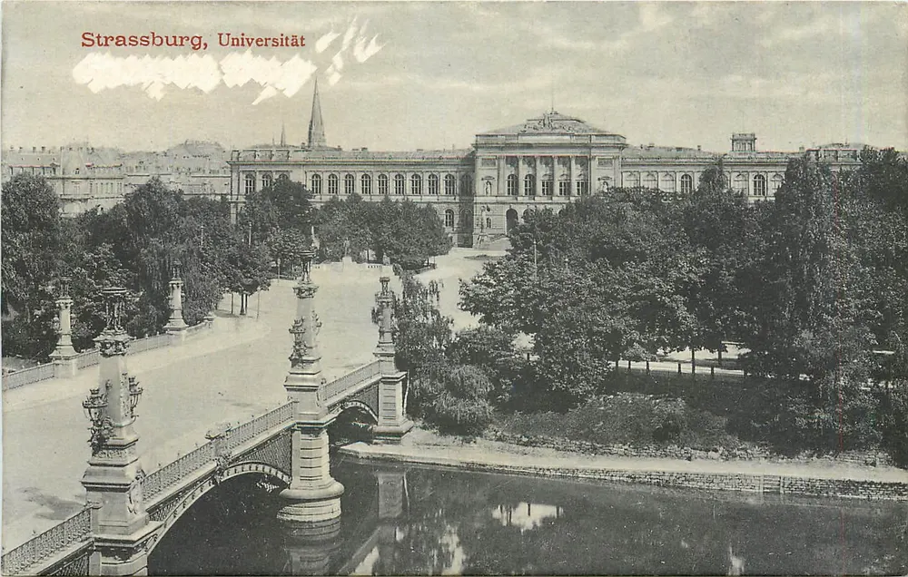 Estrasburgo, Universidade — vista do prédio universitário e do ponte sobre o rio — editor F. L. Fahl, Estrasburgo, n° 128722 - Frente