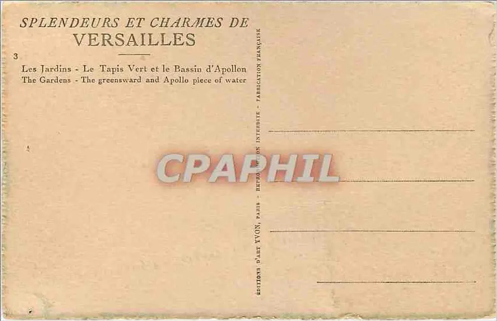 Die Gärten - Der GrünTeppich und der Apollo-Becken — Pracht und Charme von Versailles — Künstlereditionen YVON, Paris - Rückseite