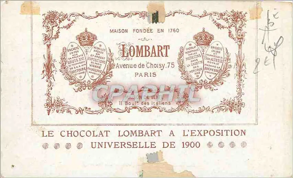Monumentaltor (Cours-La-Reine) — Weltausstellung 1900 — Chocolat Lombart, Paris - Rückseite
