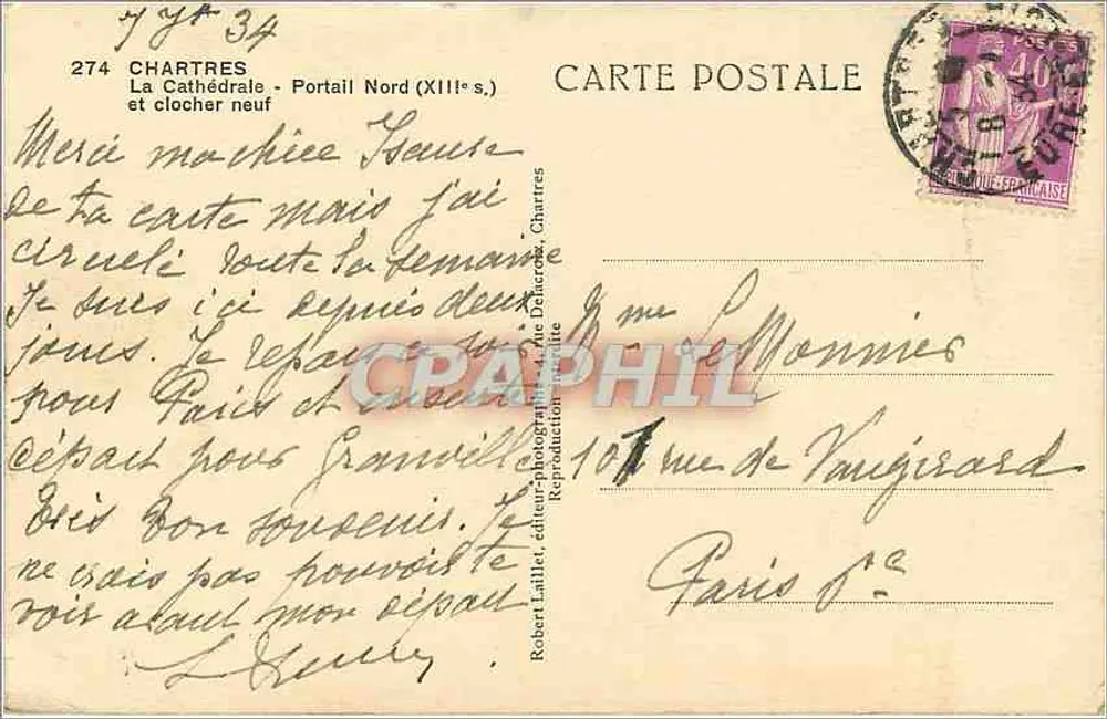 Chartres - Nordportal (13. Jahrhundert) und neuer Turm — Robert Lailler, Verlag, Nr. 274 - Rückseite
