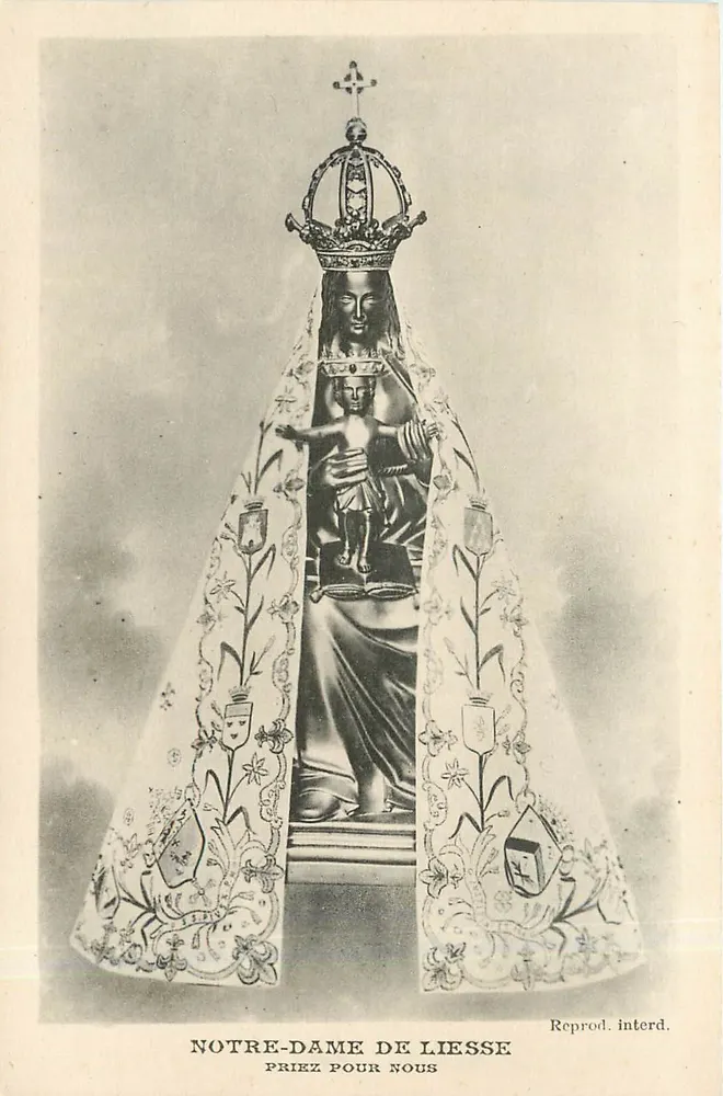 Notre-Dame de Liesse — statue couronnée tenant l'Enfant Jésus — Phototypie J. Biehliné, Reims - Recto