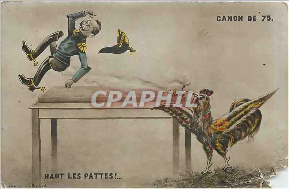 Canhão de 75 — caricatura de um oficial pulando de uma mesa diante de um galinha armado — texto de Louis Henninot - Frente