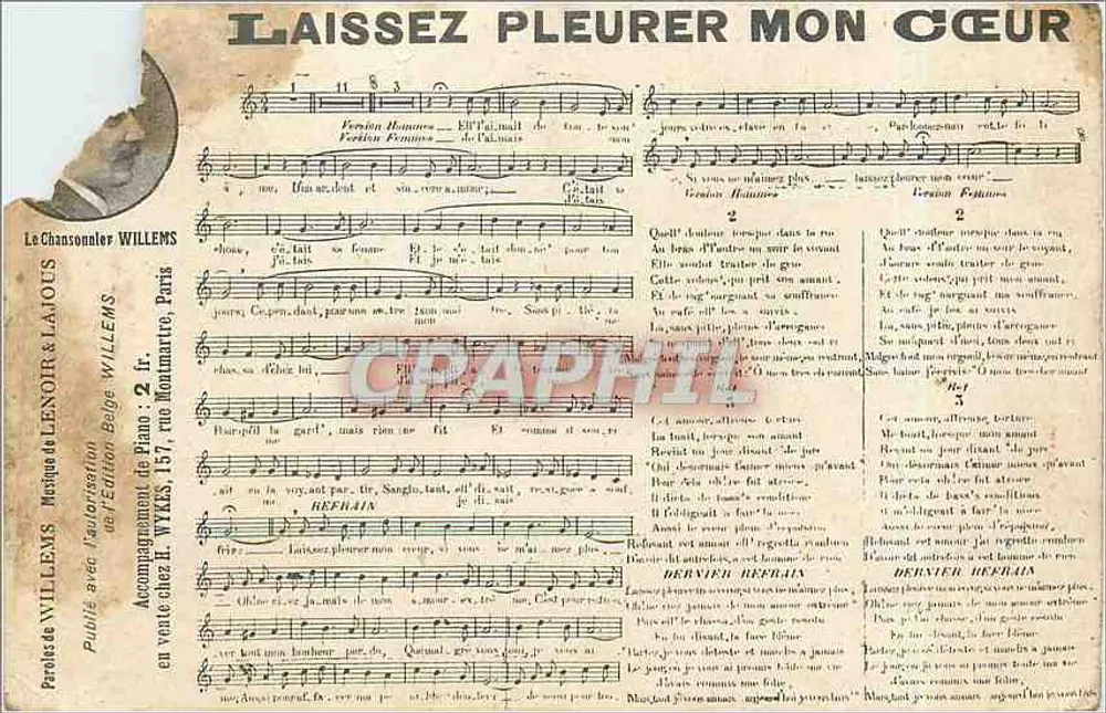 Deixe meu coração chorar — canção com acompanhamento de piano — Le Chansonnier WILLEMS, Paris - Frente