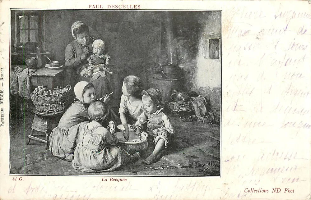 La Becquée — scena z życia — Paul Descelles, Papeterie Dubois, Rennes, nr 41 G - Awers