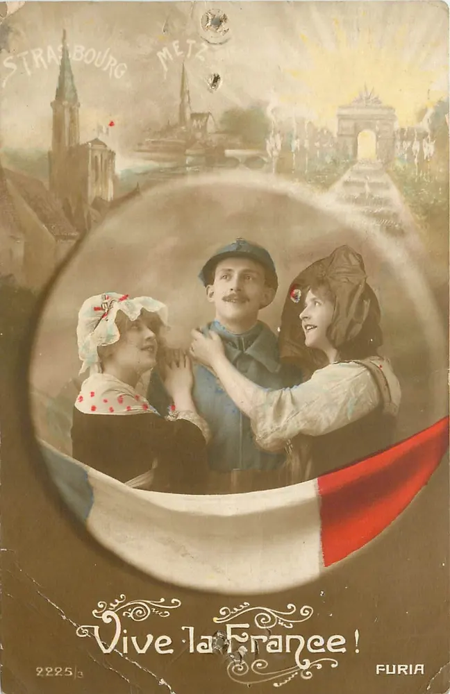Strasbourg-Metz — scène patriotique avec soldat et deux femmes — éditeur FURIA, n° 2225 - Frente