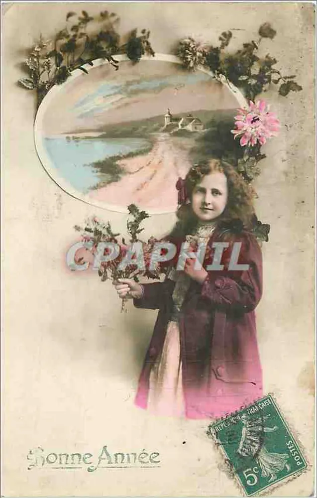Girl holding flowers — coastal landscape in oval — 5c green French Republic stamp - Front