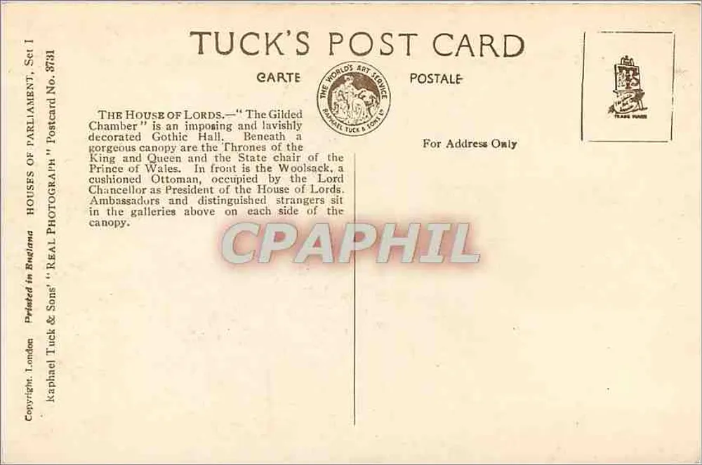 Casa dos Lordes — A Sala Dourada — Tuck's Post Card, Set 3731 - Verso