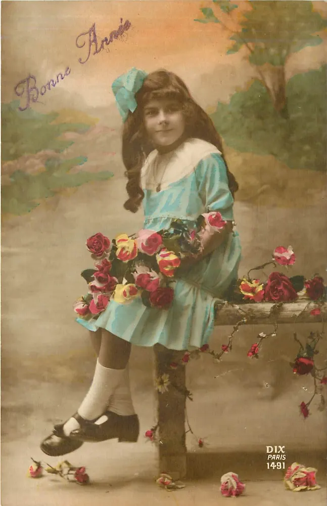 Menina com vestido azul com buquê de rosas — Boa Ano — PARIS 14-91 - Frente