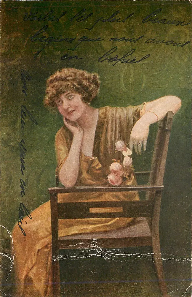 Mulher jovem sentada — com buquê de rosas — editor A. Sch. & Co., n° 1006 - Frente