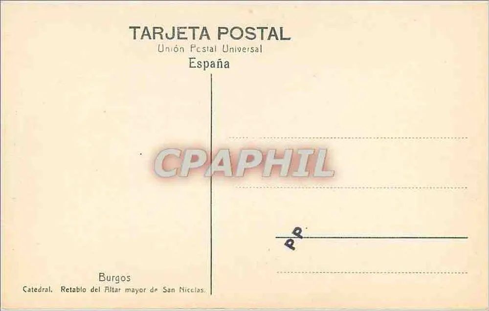 Burgos — Kathedrale, Retabel des großen Altars von San Nicolás — Universal Postal Union - Rückseite