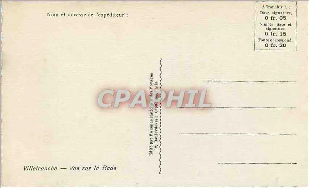 Villefranche — Vista sobre a Baía — Editado pela Agência Nacional de Viagens, 14, Boulevard Capitaine Paris - Verso