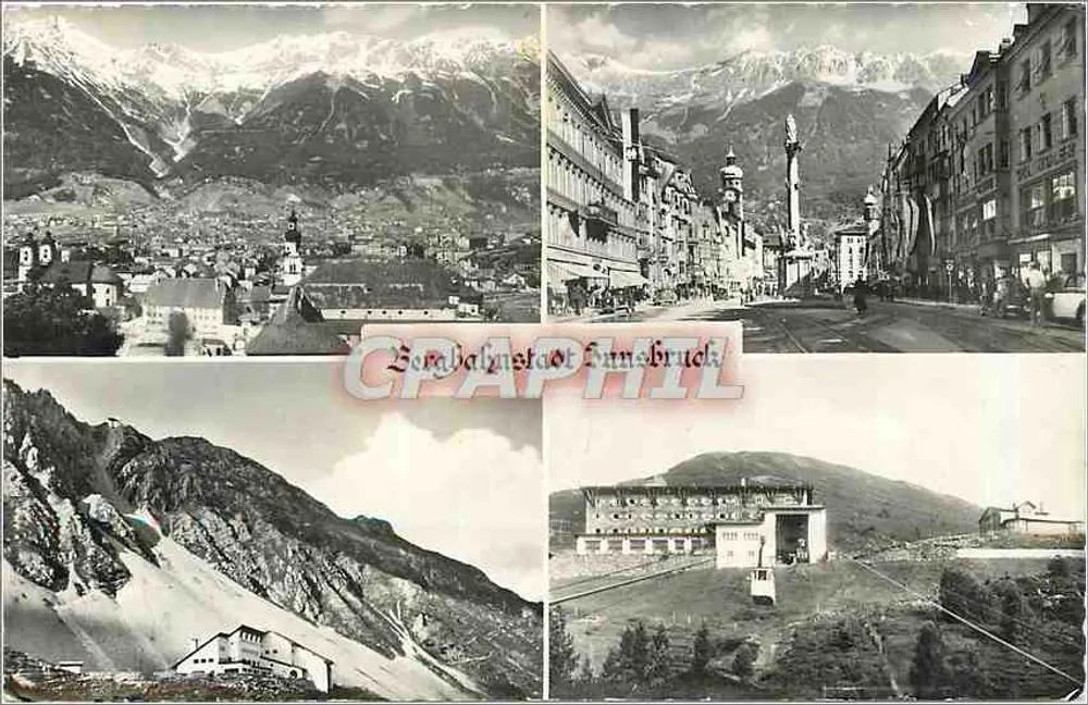 Uitzicht op Innsbruck — sneeuwbedekte bergen, levendige straat, alpin gebouw en gondel — uitgever 'Echte Photographie' en n° 019675 - Voorkant