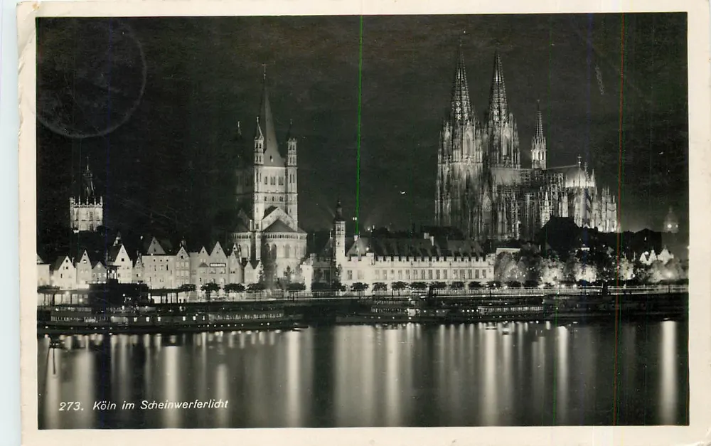 Colônia sob a luz dos holofotes — vista noturna do rio Reno — série Rheingold, n° 273 - Frente