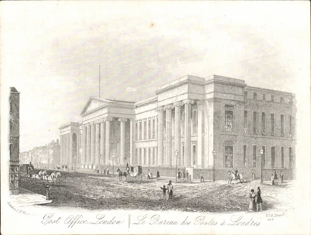 Le Bureau des Postes à Londres — gravure de J.T. Worrall — éditeur E.78. Strand, n°210 - Recto