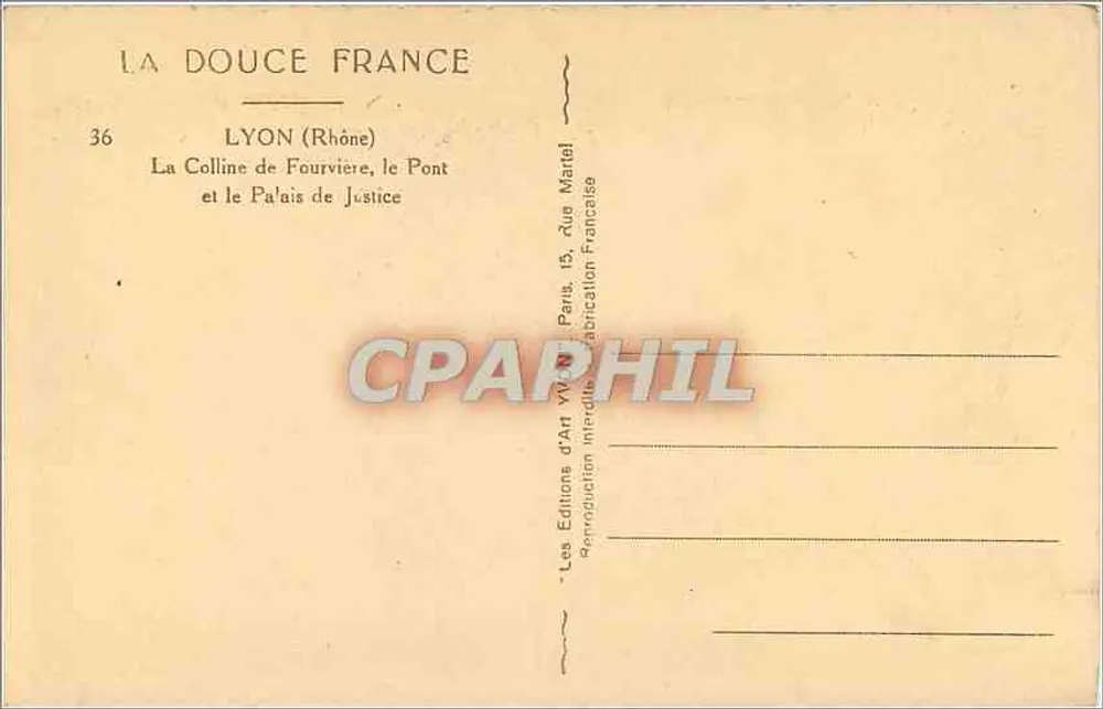Lyon (Rhône) — Der Fourvière-Hügel, die Brücke und das Palais de Justice — Les Éditions d'Art Vivier - Rückseite