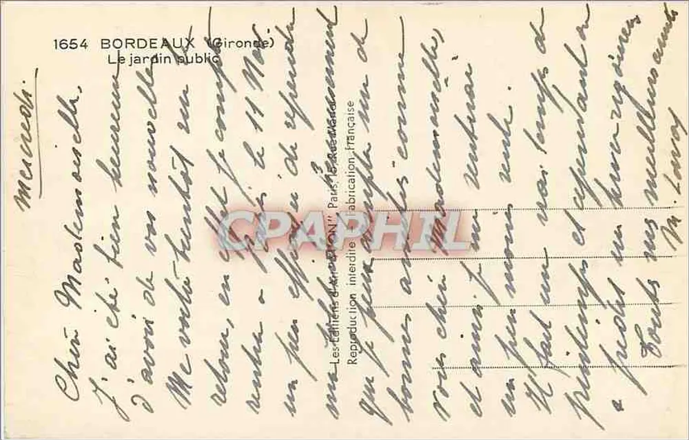 Jardim público — entrada monumental com palmeiras — Edições de Arte 'L'Editeur' n°1654 - Verso