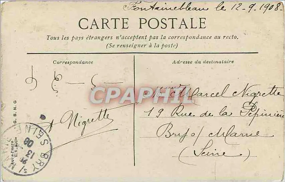 Fontainebleau — Le Palais et l'Étang aux carpes — éditeur L. Y. Z. C. I. - Verso