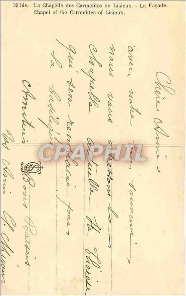 La Chapelle des Carmélites de Lisieux — La Façade — Éditeur G. Chanoine, n° 39 bis - Verso