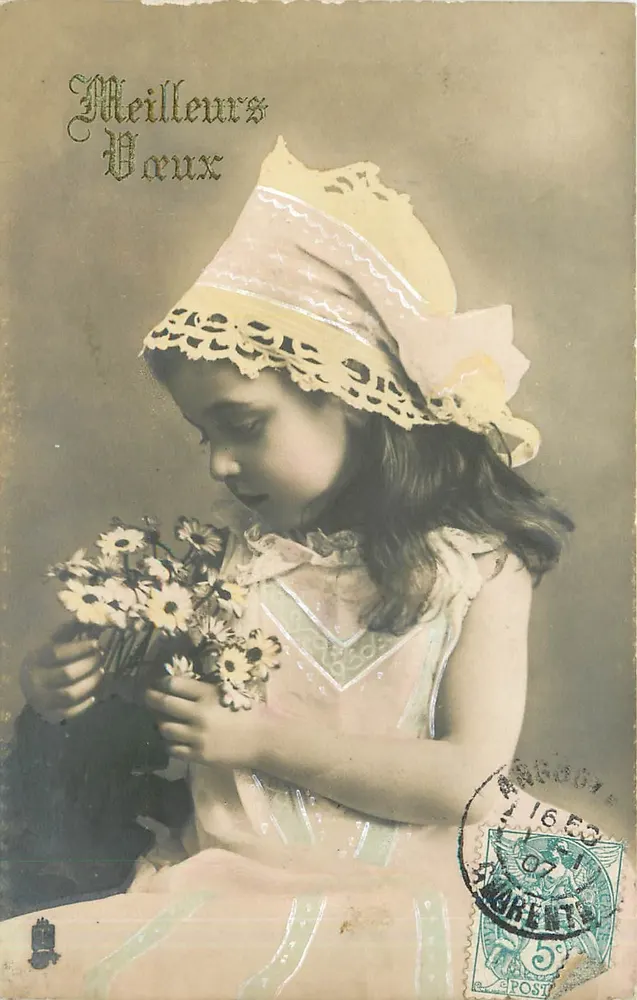 Menina segurando flores — Melhores Votos — Editor Raphael Tuck & Fils, série 11653 - Frente
