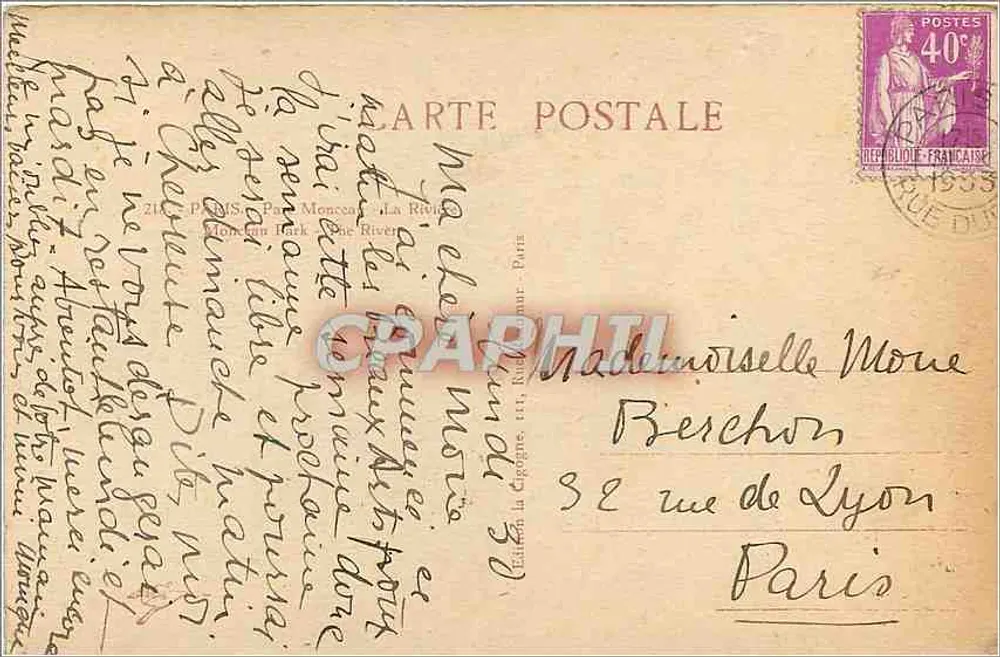 Ponte sobre o rio no parque de Monceau — Paris — Edição La Cigogne, n° 218 - Verso