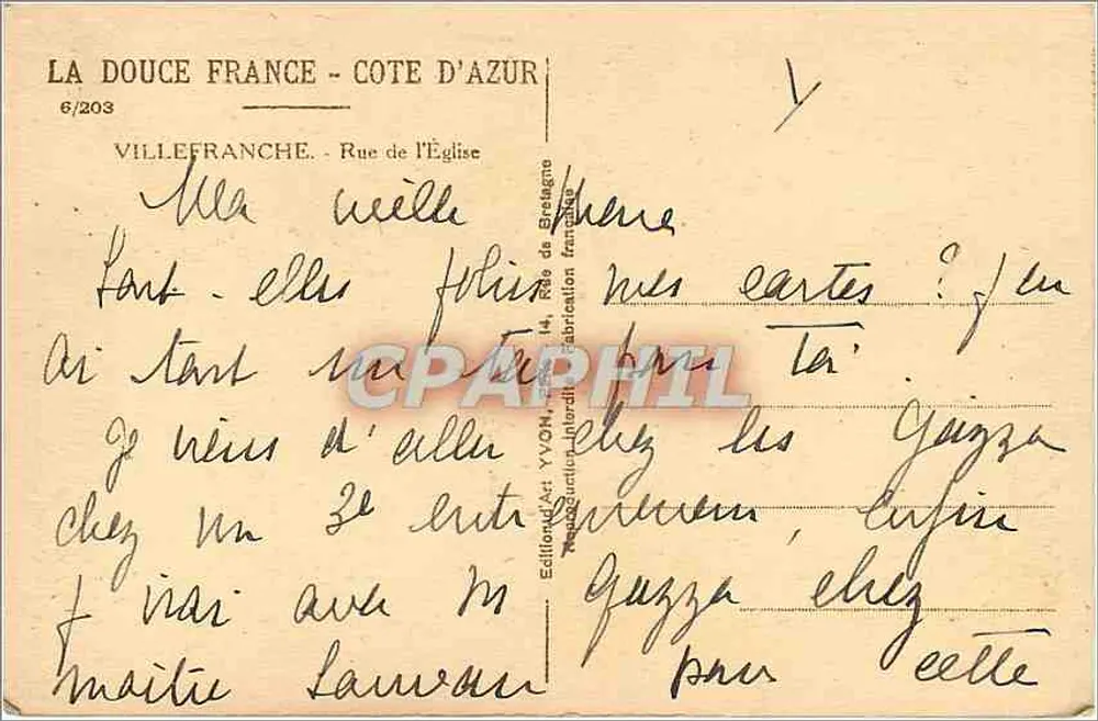 Villefranche-sur-Mer — Rue de l'Église — Editor Yvon, n°6/203 - Verso