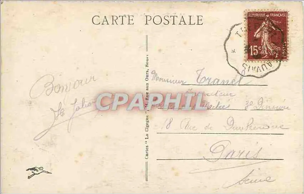 Le Tréport - O Casino — Carta postal n°1, editada por 'La Cigogne' - Verso