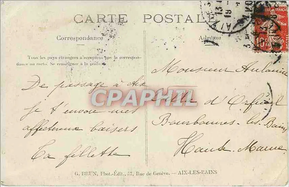 Aix-les-Bains - Lago do Bourget — G. Brun, Fot.-Edit., 57, Rue de Genève — Aix-les-Bains - Verso