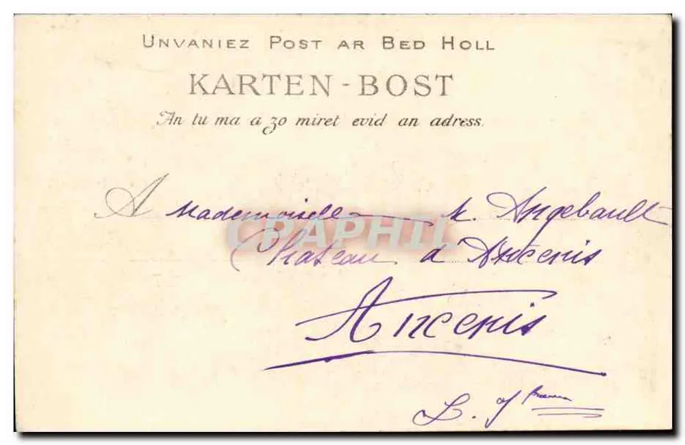 Bretonische Hochzeit — Empfang der Gäste durch die Verlobten bei ihrer Ankunft bei der Braut, das Kalbskopfgericht — E. Osmachi, Nr. 1209 - Rückseite