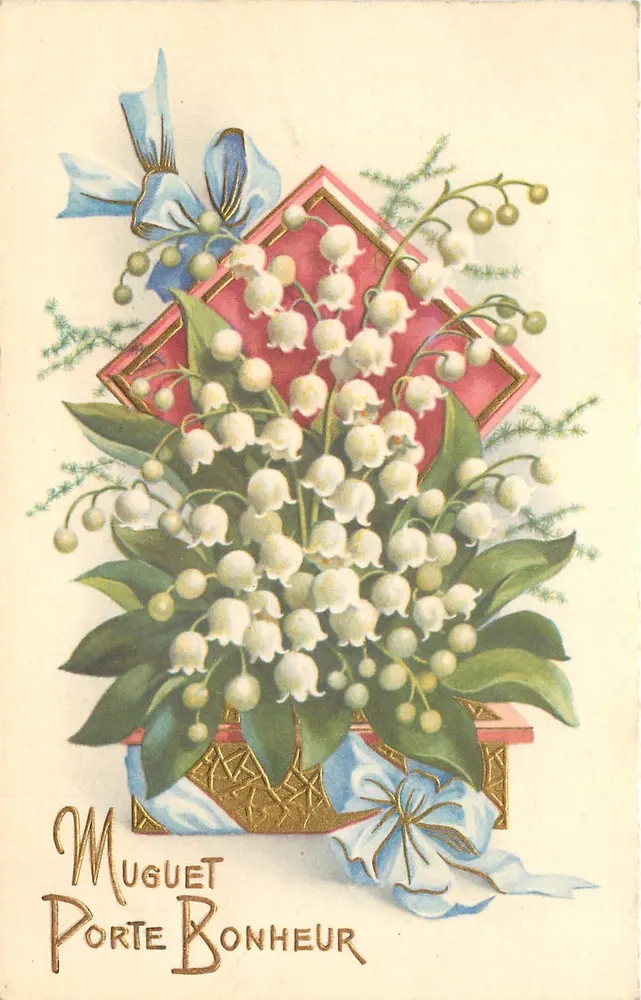 Muguet porte bonheur — ilustração de muguet em uma caixa vermelha decorada com fitas azuis — série n°3425, M.D., Paris - Frente