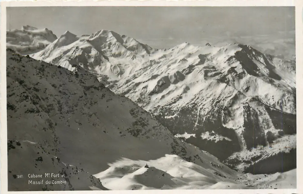 Cabana M! Fort e Massif do Combin — vista alpina nevada — Edição Art. Perochet, S.A., Lausanne - Frente