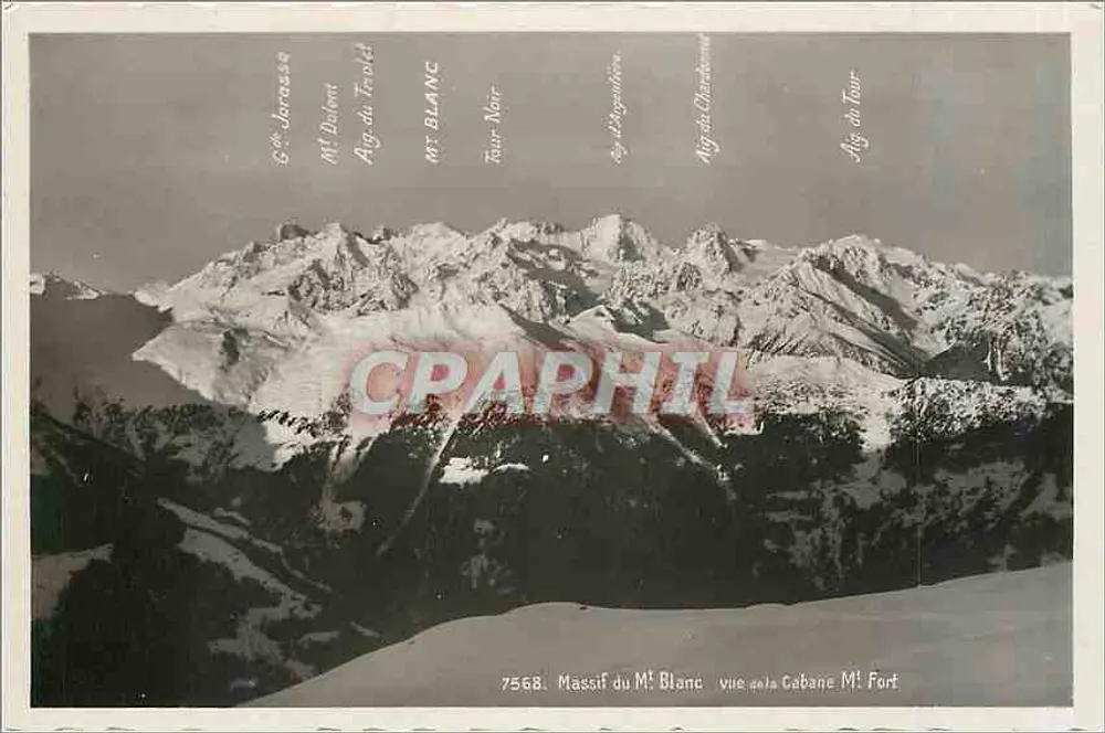Massif do Mont Blanc — vista da Cabane du Tour Fort — editor Art. Perróchet & P. Lausanne, n° 7568 - Frente
