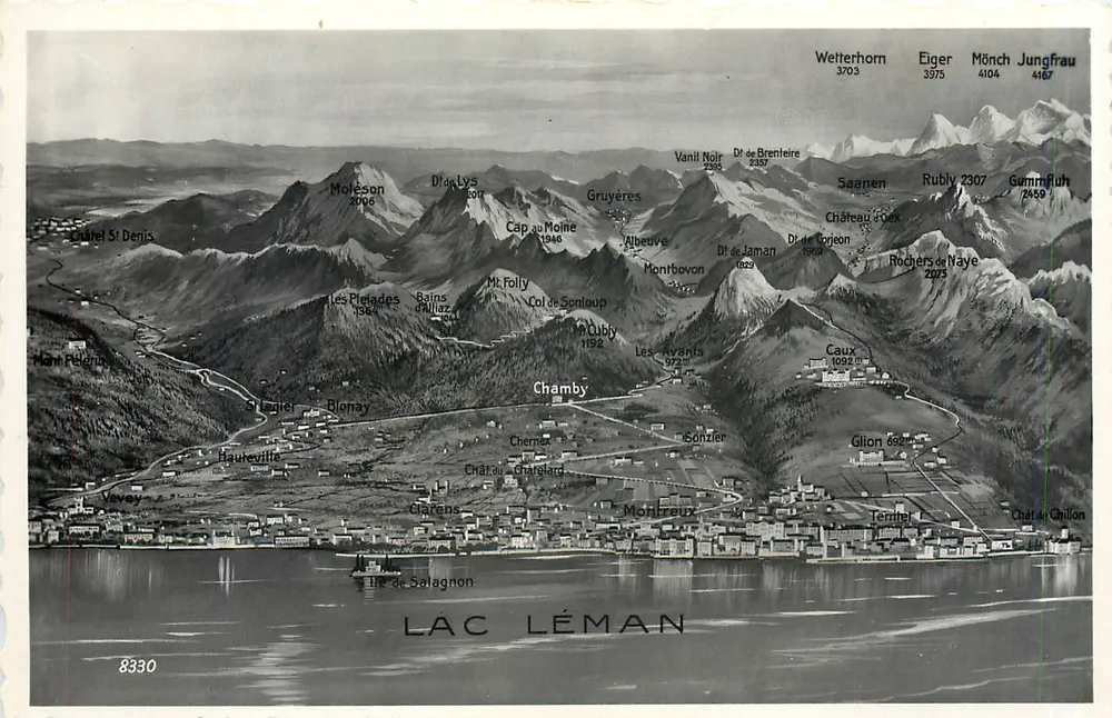 Vista aérea do lago Léman — montanhas e vilas — Edição Fot. Perrochet, Lausanne - Frente