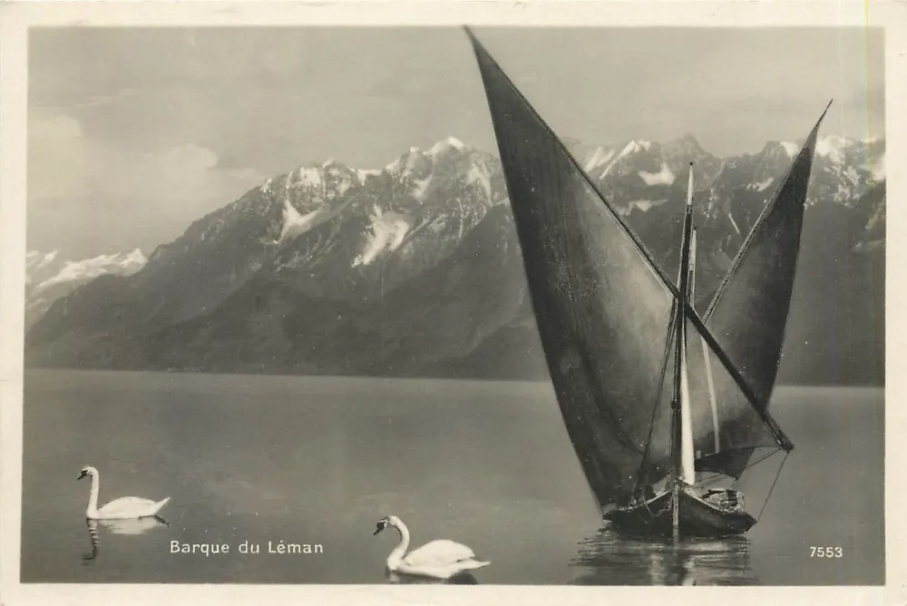 Barco do Léman — vista lacustre com cisnes — Edição Art. Perroud-Matille, Lansanne, n°7553 - Frente