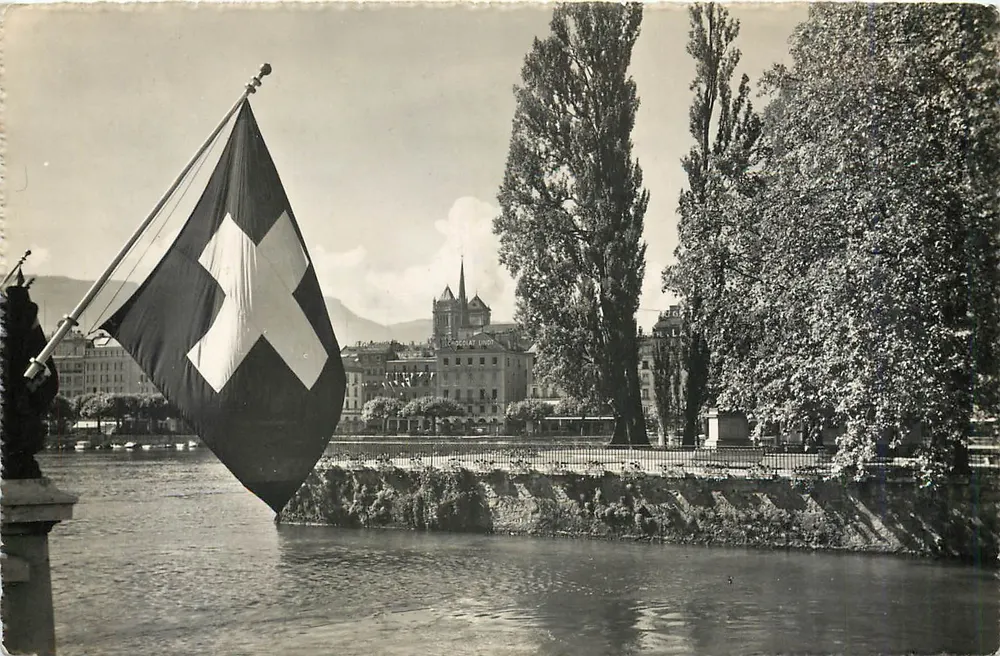 Genebra — vista do lago com bandeira suíça — Edições Jaeger - Frente