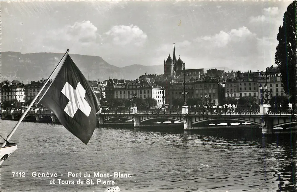 Genève - Pont du Mont-Blanc et Tours de St. Pierre — Éditions Jaeger, n°7112 - Recto