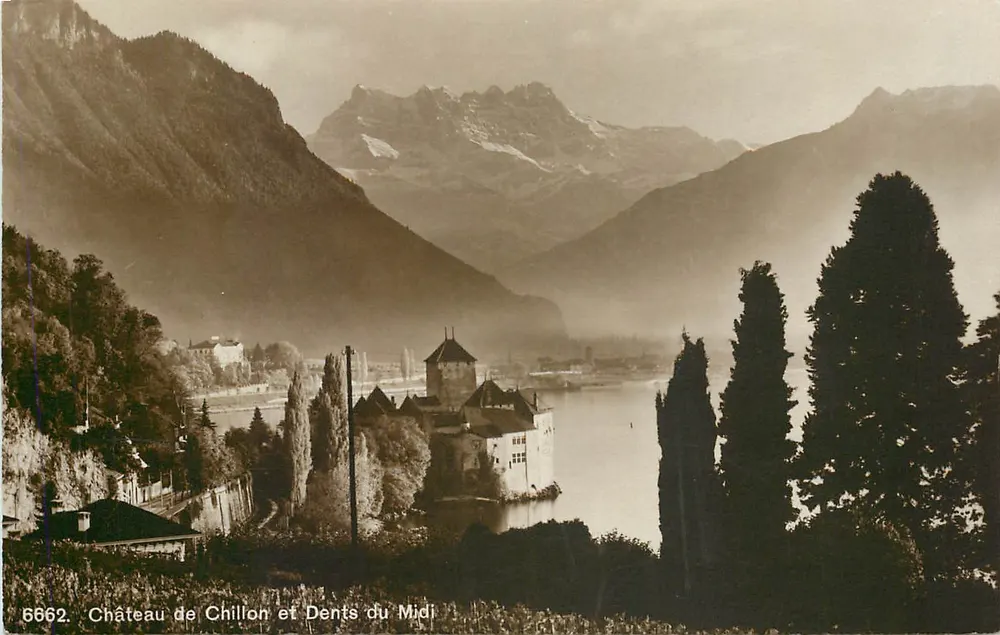 Castelo de Chillon e Dentes do Meio-Dia — vista panorâmica — Phototypie Co., Neuchâtel, n° 6662 - Frente