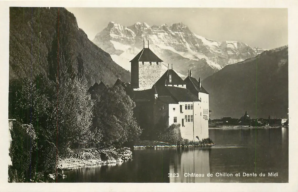 Castelo de Chillon e Dentes do Meio-dia — vista panorâmica — Georges Jaeger, Genebra, n° 3123 - Frente