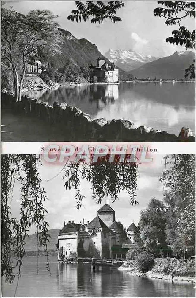चिलोन के किला — झील और पर्वत के दृश्य — जेगर जिनेवा के संस्करण, संख्या 7237 - आगे