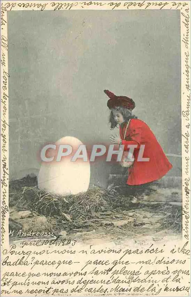 Menina em vestido vermelho perto de um grande ovo — M. Andreossi, série 958 — Clément, Tournier & Cie, Genebra - Frente
