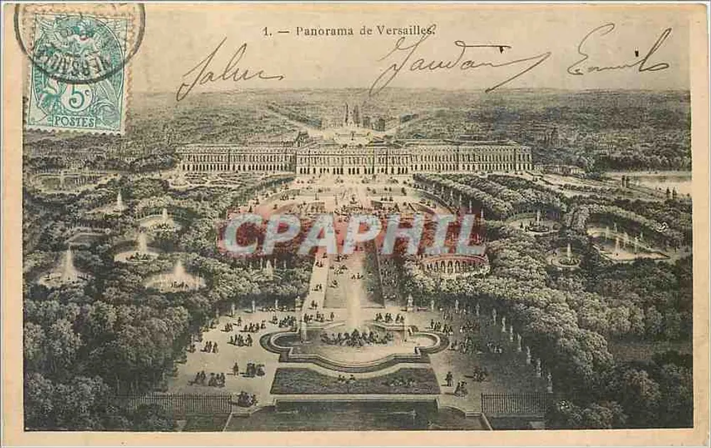 Panorama de Versailles — vista aérea do castelo e dos jardins — editor desconhecido, n°1 - Frente