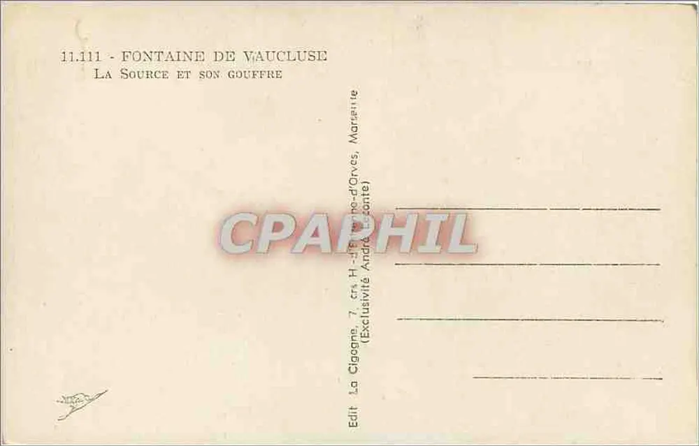 Fontaine de Vaucluse — Źródło i jego jaskinia — Édit. La Cigogne, Marsylia - Rewers