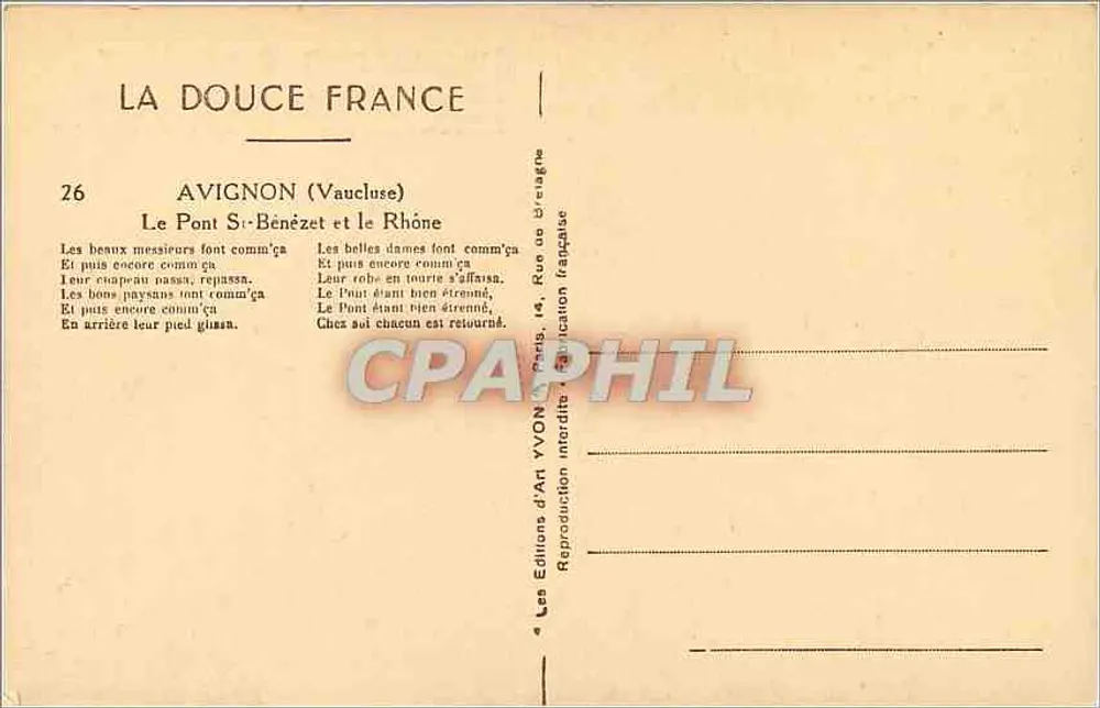 Avignon (Vaucluse) — Le Pont Saint-Bénézet et le Rhône — Éditions d'Art Yvon, Paris - Verso