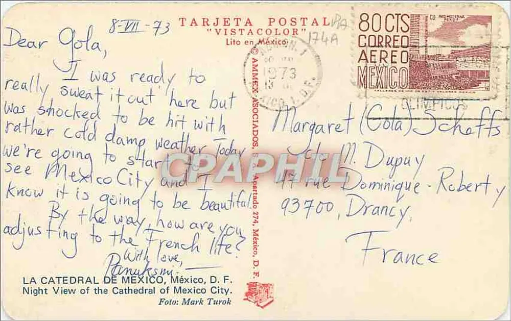 Katedra w Meksyku — Widok nocny — TARJETA POSTAL 'VISTACOLOR' n°174A - Rewers