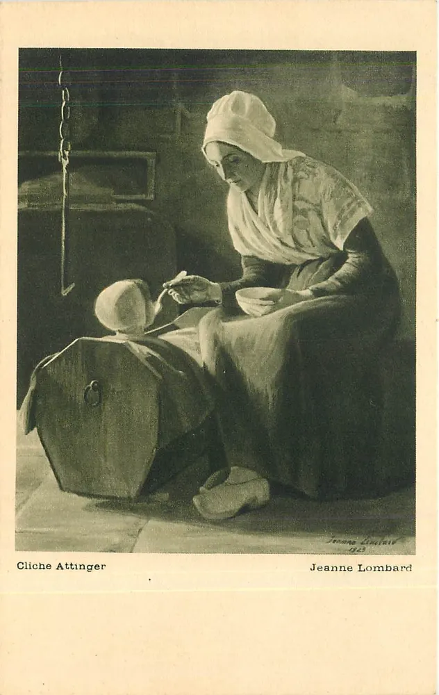 Mulher amamentando uma criança — cena íntima — Cliche Attinger, Jeanne Lombard 1923 - Frente