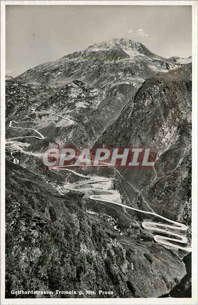Gothardstrasse, Tremola g. Mte. Prosa — vista panorâmica das montanhas com estrada em curvas — J. Gaberell AG, Thalwil - Frente