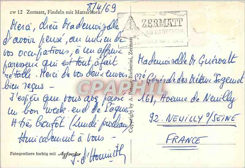Zermatt, Findeln con Matterhorn — Zermatt, editor A. Persan-Barberini, n° cw 12 - Reverso