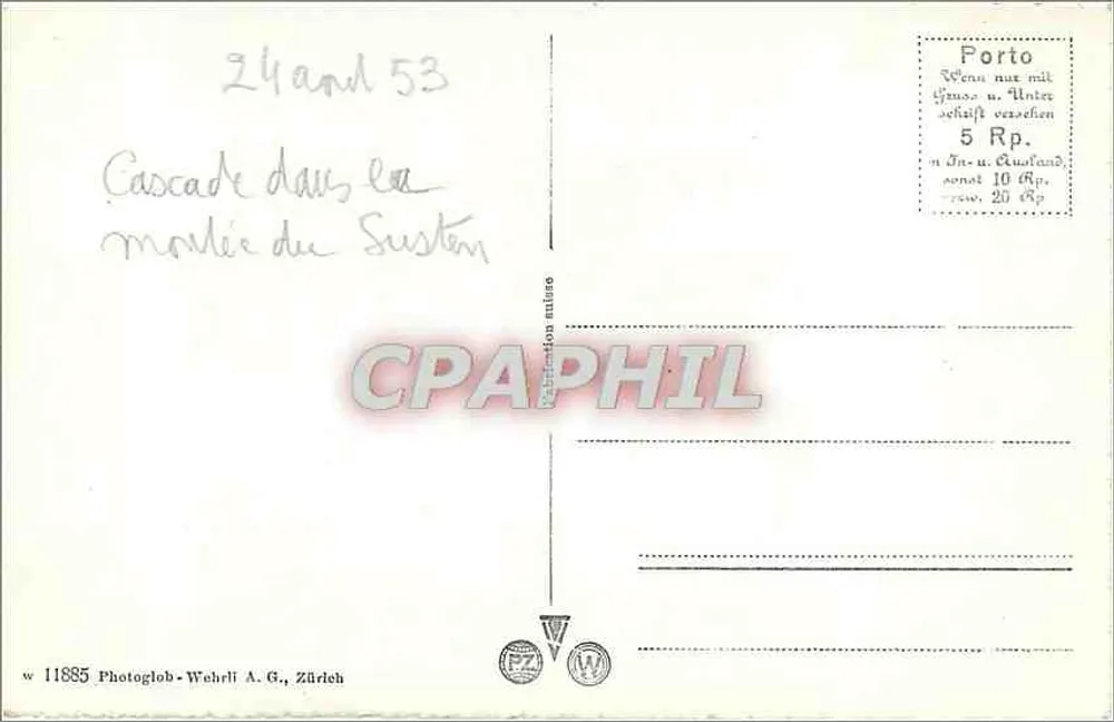 Cachoeira na Sustenstrasse — Suíça — Photoglob-Wehrli A.G., Zürich, n° 11885 - Verso