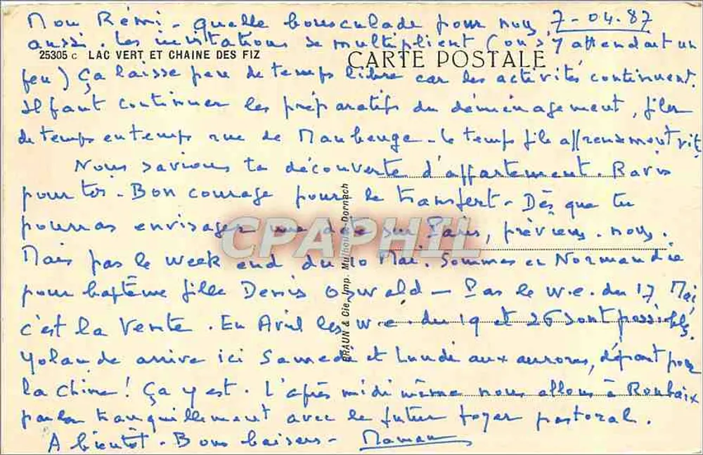 Lago Verde e Cadeia dos Fiz — Carta postal da região dos Fiz — editor: Edições J. & Cie, Dornach - Verso