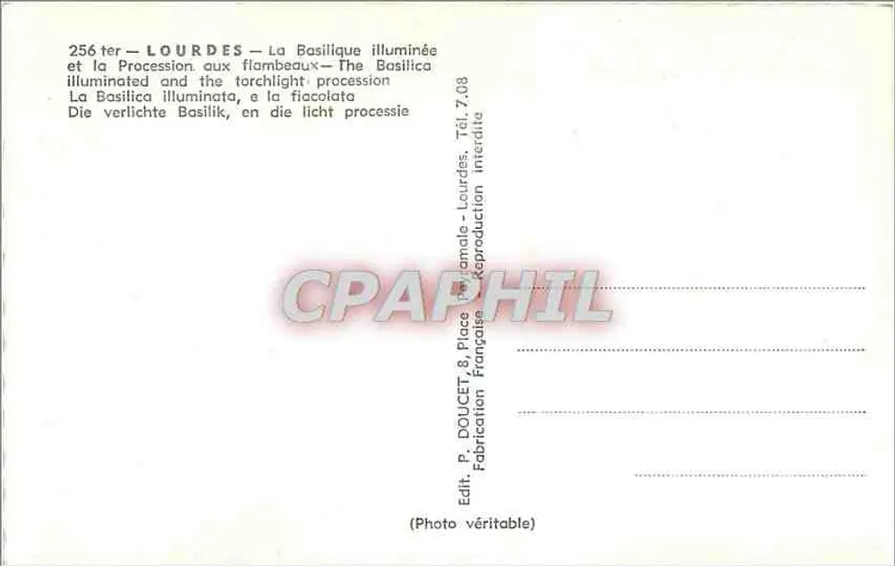 Lourdes — Die beleuchtete Basilika und die Prozession mit Fackeln — Verlag Edlux - Rückseite